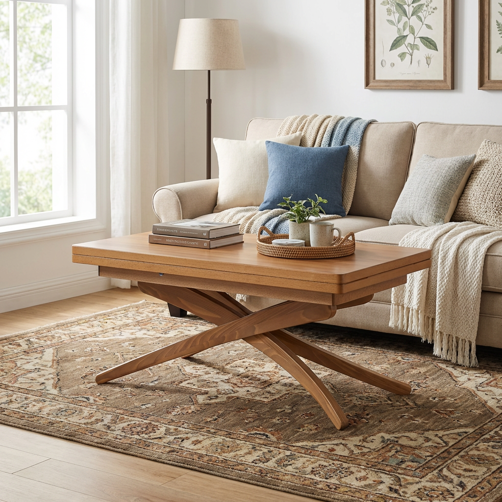 Solid Beech Wood Adjustable Height Coffee Table - 3-in-1 Lift Top Transformer Dining Table - main view showing...
