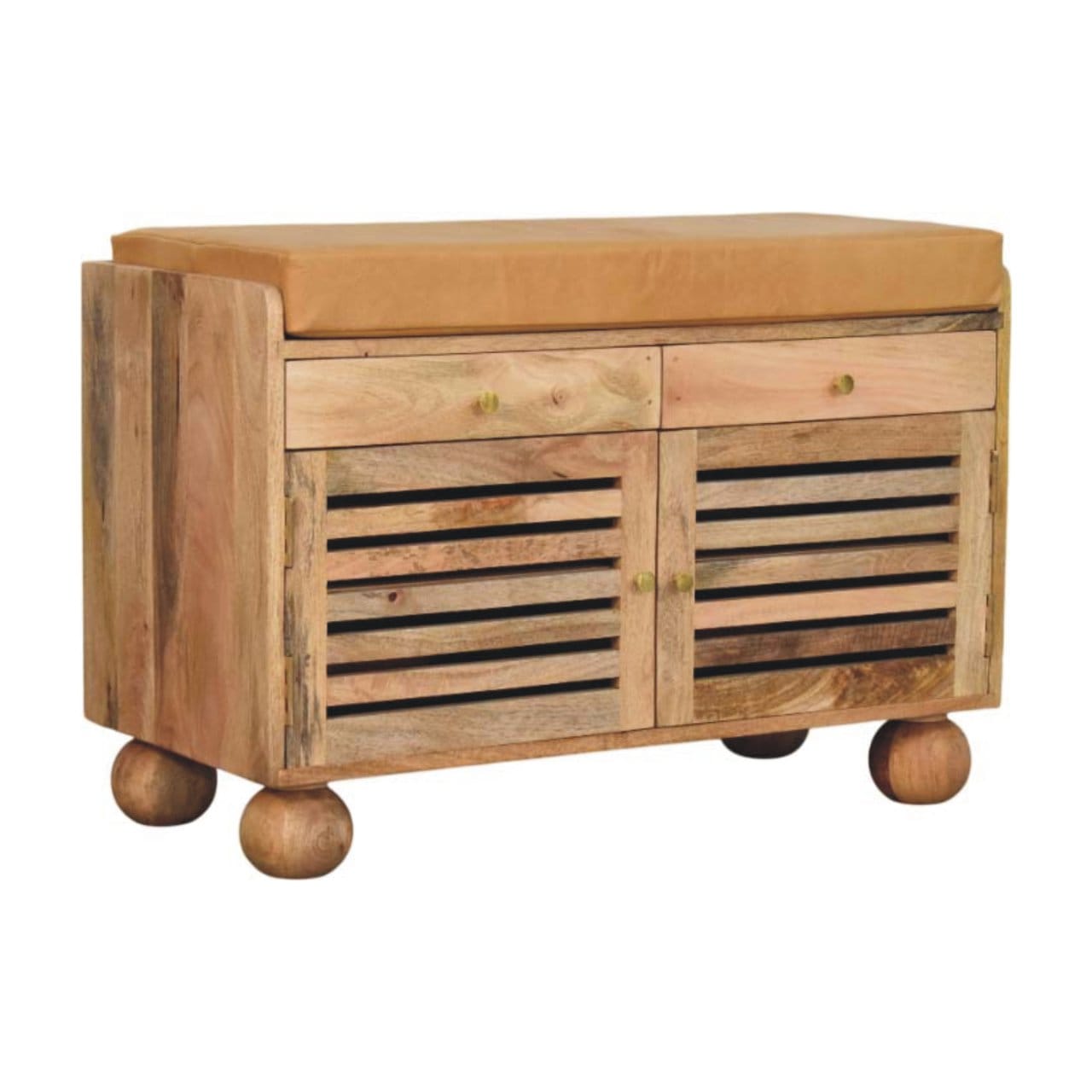 Shutter Oak-ish Shoe Rack - Solid Mango Wood Shoe Organizer for Entryway with cushioned top and storage compartments.