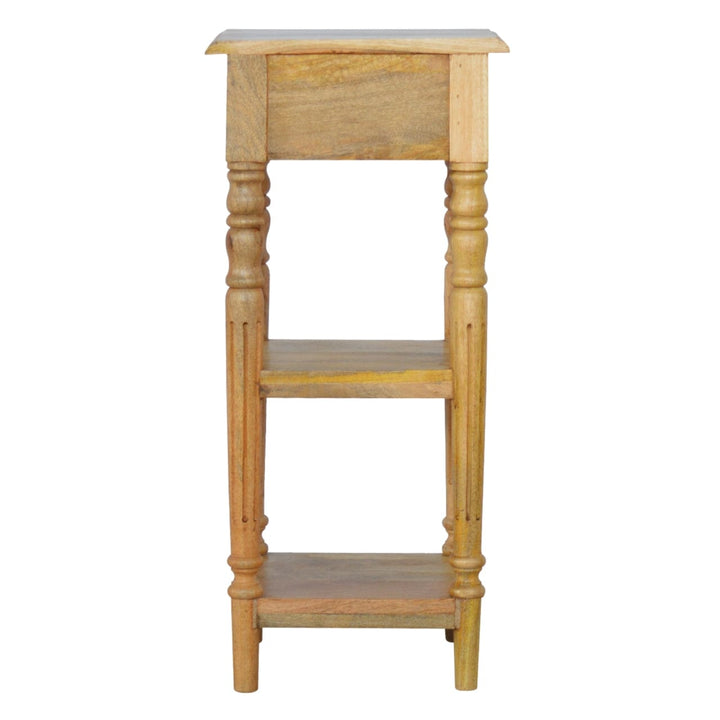 1 Drawer End Table with Shelves in Oak-ish Finish - Solid Mango Wood Side Table - product view 3 showing handcrafted...