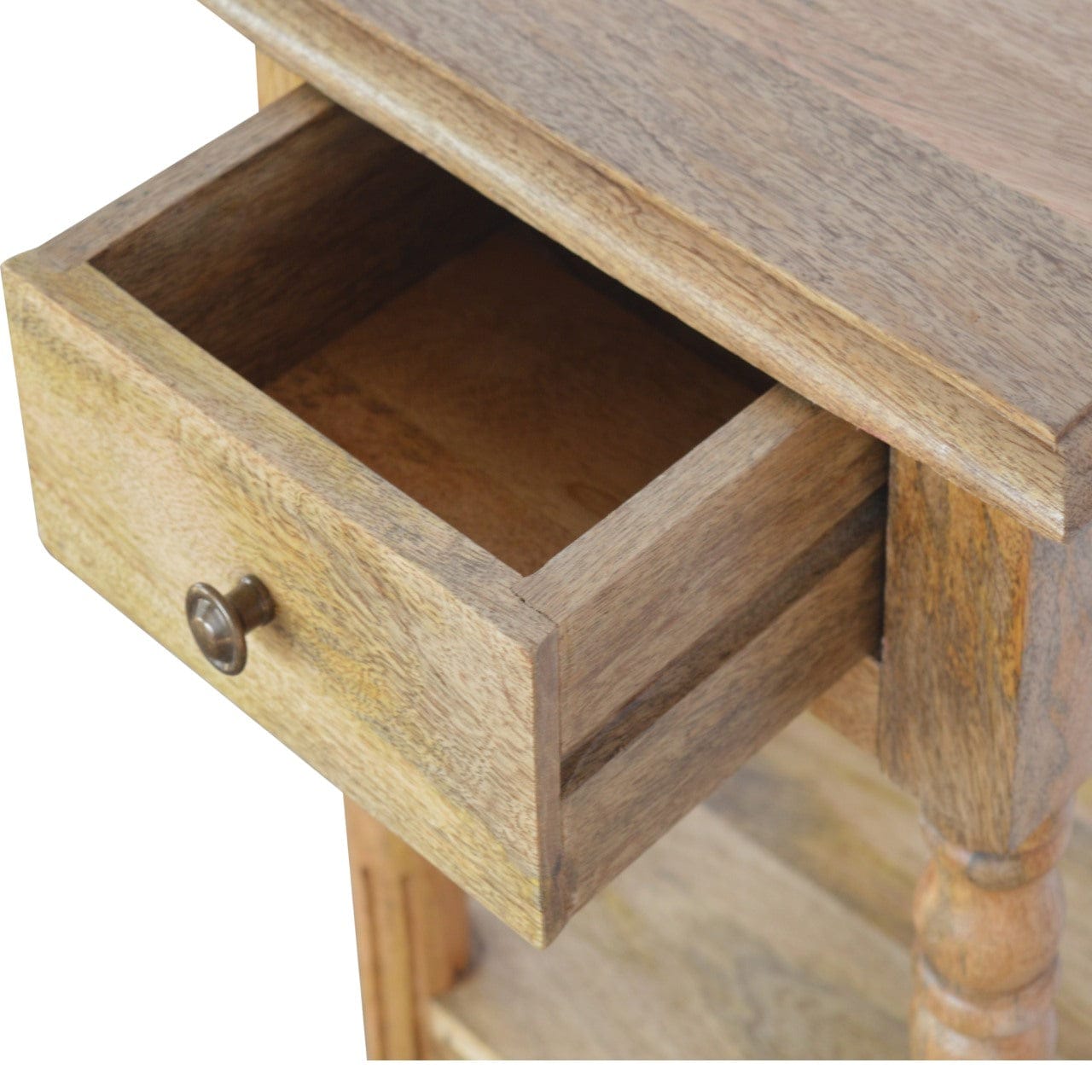1 Drawer End Table with Shelves in Oak-ish Finish - Solid Mango Wood Side Table - product view 7 showing handcrafted...