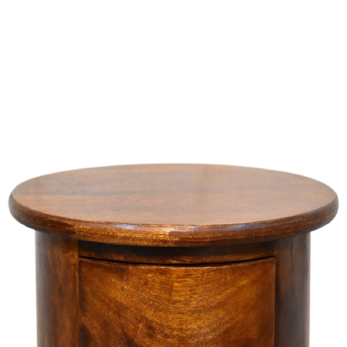 Mini Chestnut 2 Drawer Drum Dresser - Solid Mango Wood Storage Chest for Bedroom - product view 4 showing handcrafted...