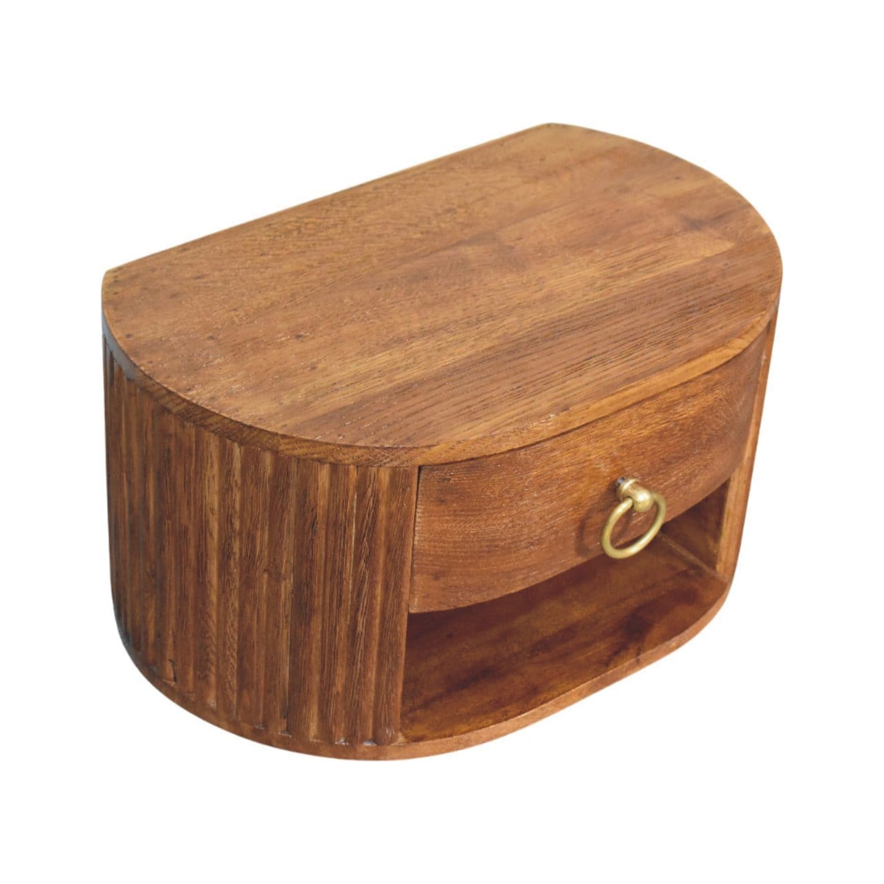 Oval Wall-Mounted Nightstand with Drawer - Solid Mango Wood Floating Bedside Table - product view 5 showing handcrafted...