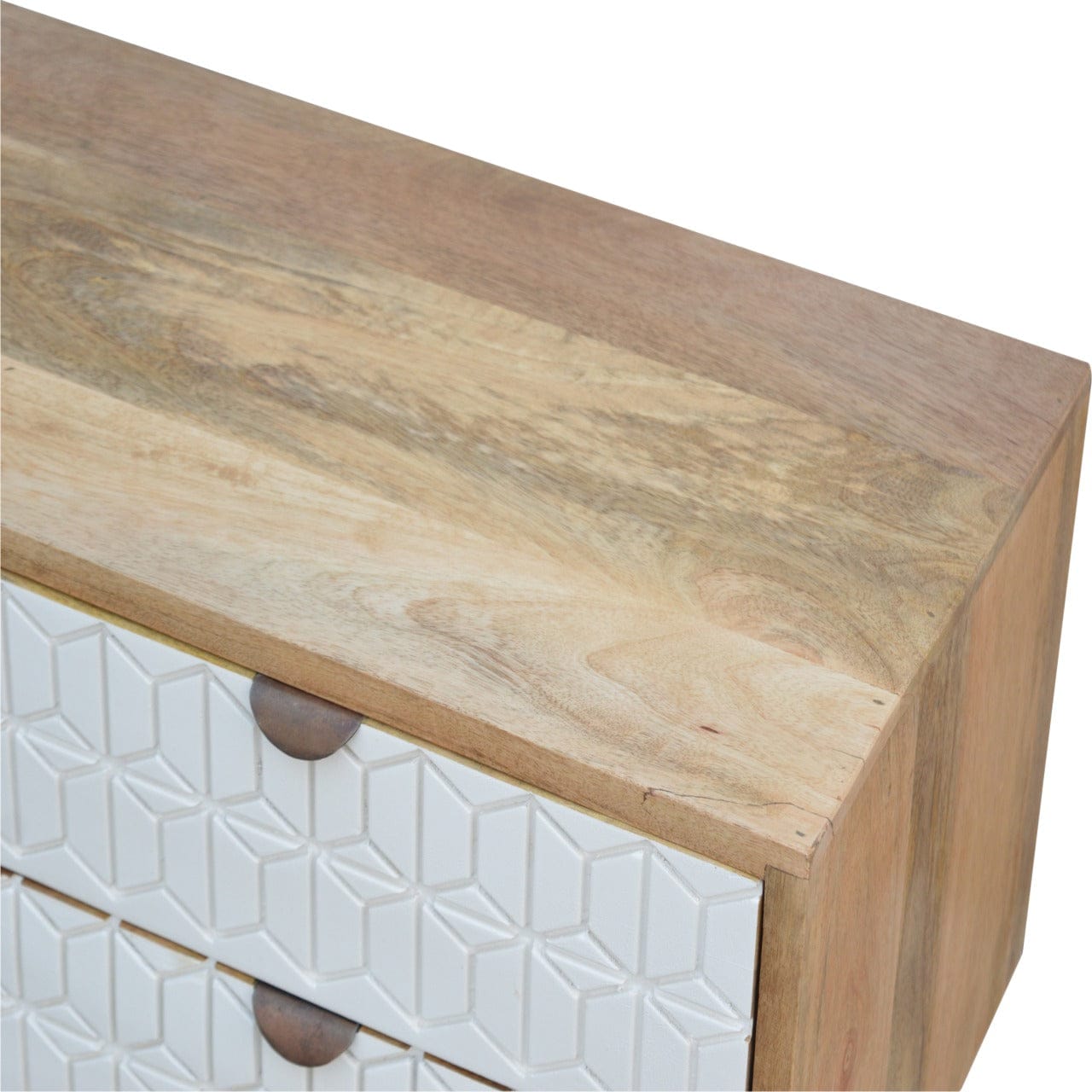 Carved Sleek White TV Stand - Solid Mango Wood Entertainment Center for Living Room - product view 4 showing handcrafted...
