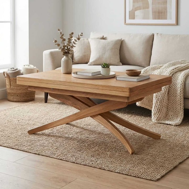 Solid Oak Wood Adjustable Height Coffee Table - 3-in-1 Lift Top Transformer Dining Table - main view showing handcrafted...