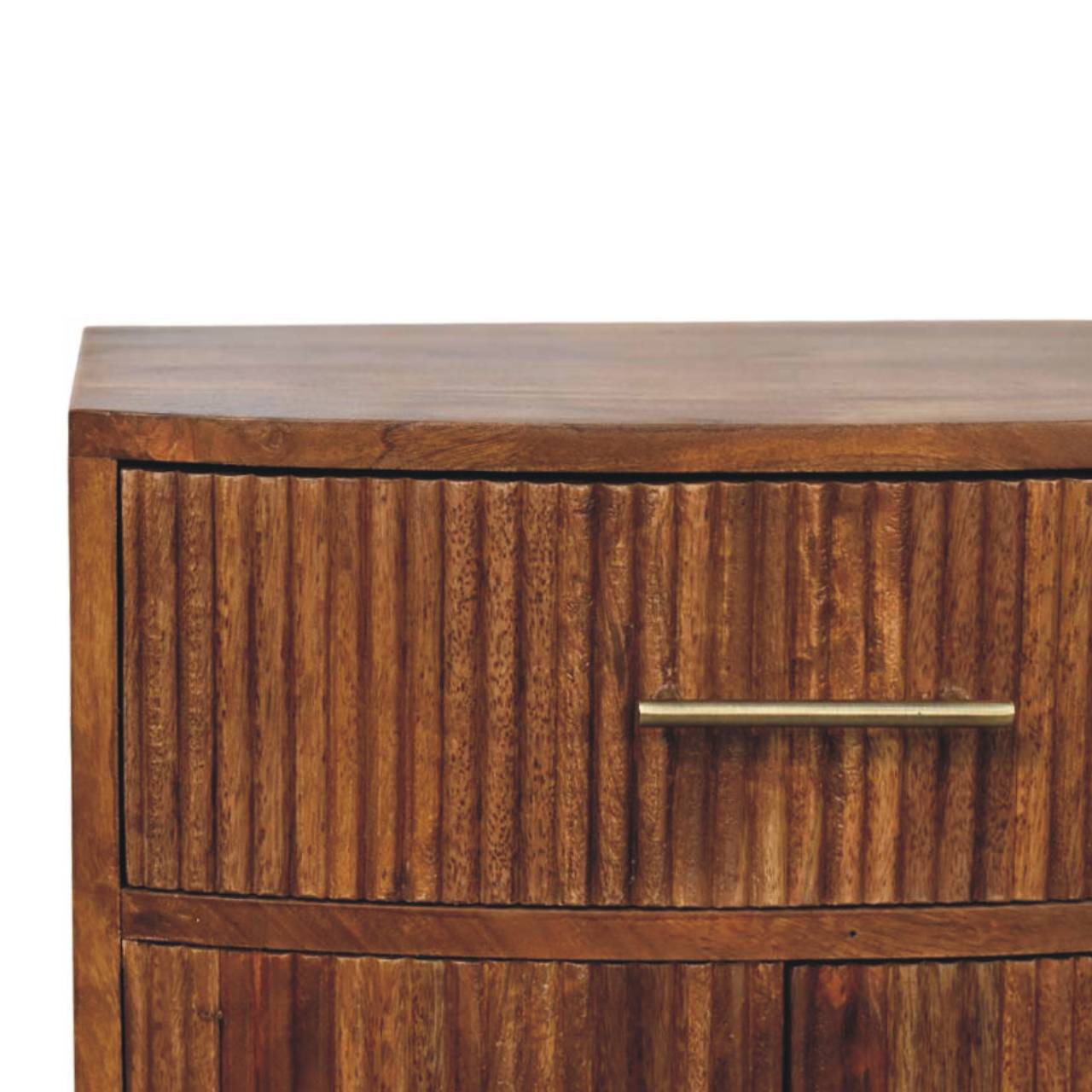Solid Wood Curved Ribbed Nightstand - Solid Mango Wood Bedside Table for Bedroom - product view 4 showing handcrafted...