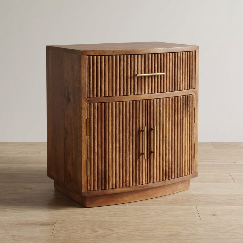 Solid Wood Curved Ribbed Nightstand - Solid Mango Wood Bedside Table for Bedroom - main view showing handcrafted solid...