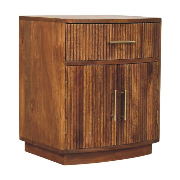 Solid Wood Curved Ribbed Nightstand - Solid Mango Wood Bedside Table for Bedroom - product view 3 showing handcrafted...