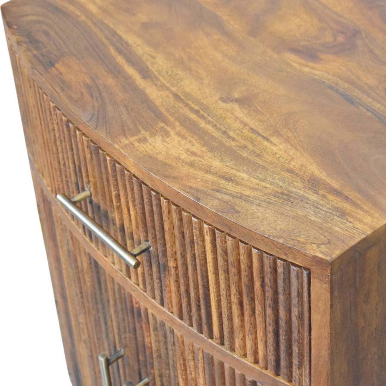 Solid Wood Curved Ribbed Nightstand - Solid Mango Wood Bedside Table for Bedroom - product view 6 showing handcrafted...
