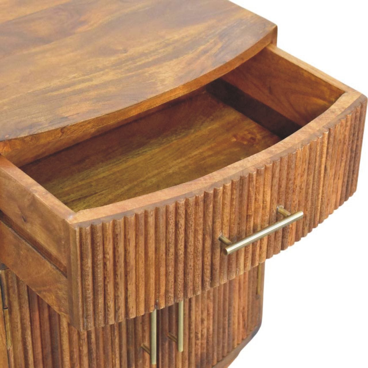 Solid Wood Curved Ribbed Nightstand - Solid Mango Wood Bedside Table for Bedroom - product view 5 showing handcrafted...