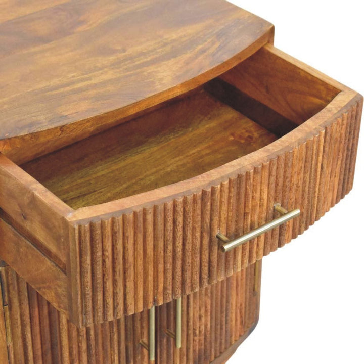 Solid Wood Curved Ribbed Nightstand - Solid Mango Wood Bedside Table for Bedroom - product view 5 showing handcrafted...