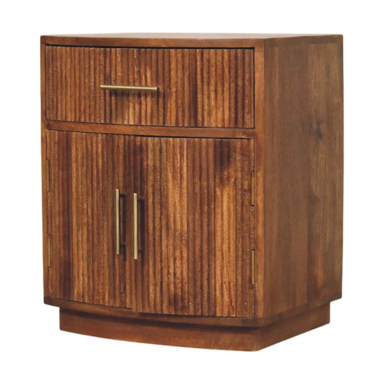 Solid Wood Curved Ribbed Nightstand - Solid Mango Wood Bedside Table for Bedroom - product view 2 showing handcrafted...