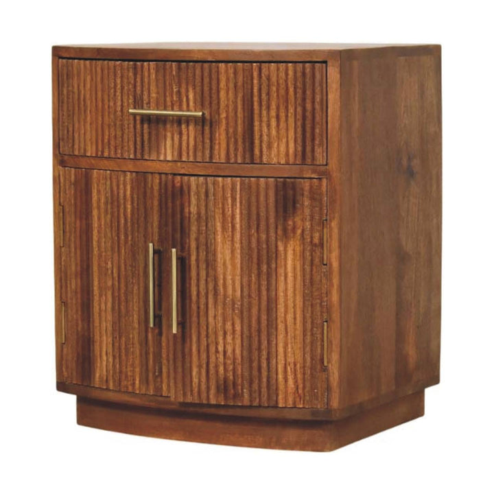 Solid Wood Curved Ribbed Nightstand - Solid Mango Wood Bedside Table for Bedroom - product view 2 showing handcrafted...