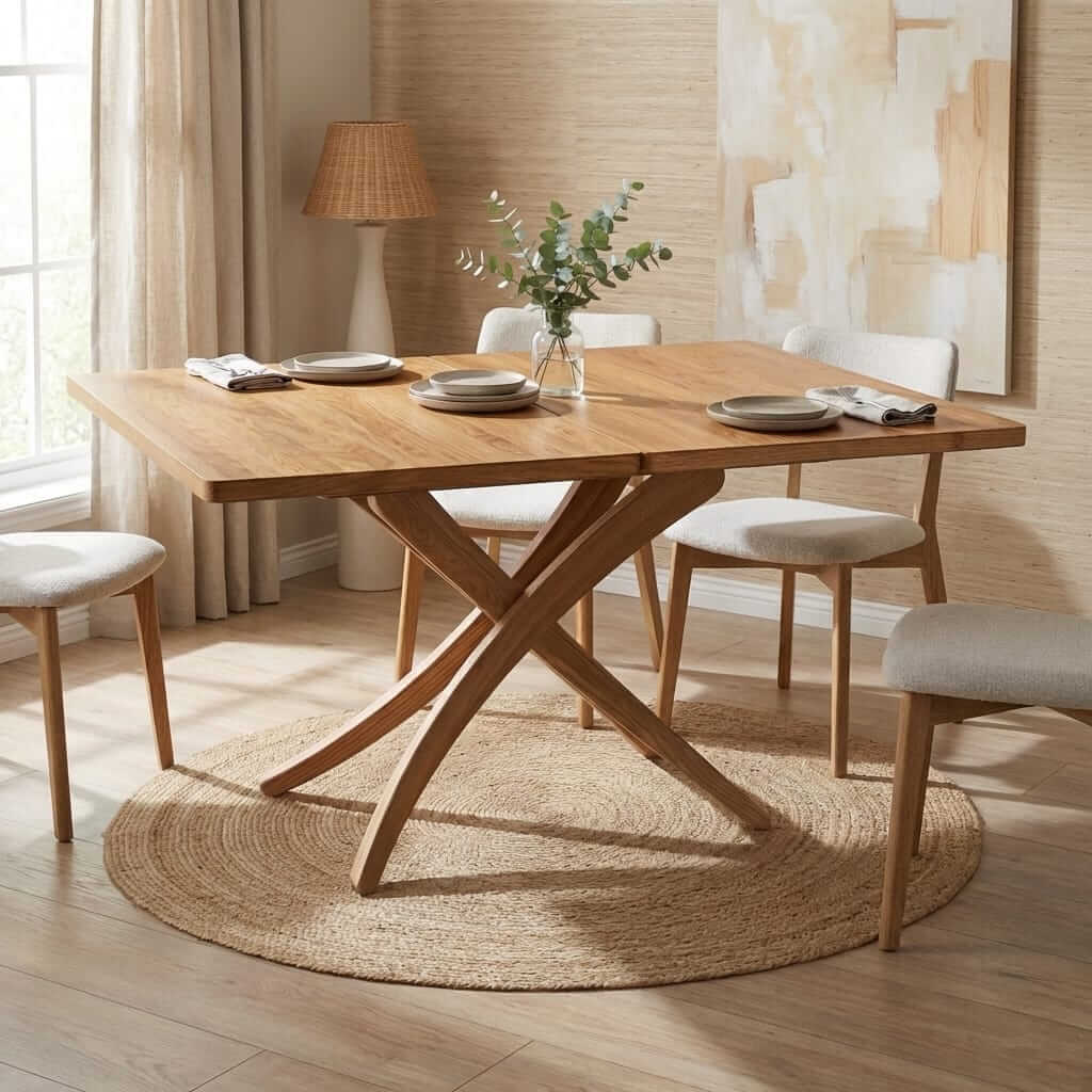 Solid Oak Wood Extendable Dining Table - Adjustable Height Convertible Table 3-in-1 Lift Top - main view showing...