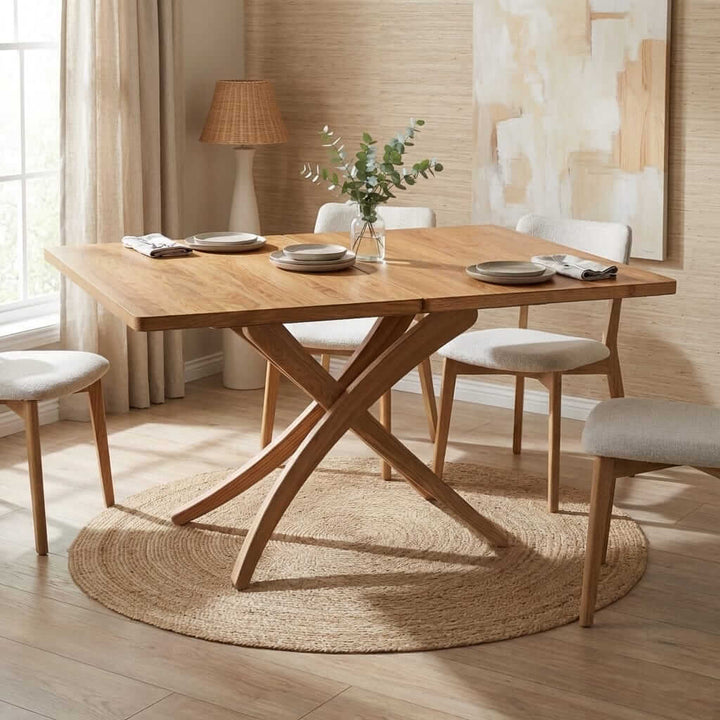 Solid Oak Wood Extendable Dining Table - Adjustable Height Convertible Table 3-in-1 Lift Top - main view showing...