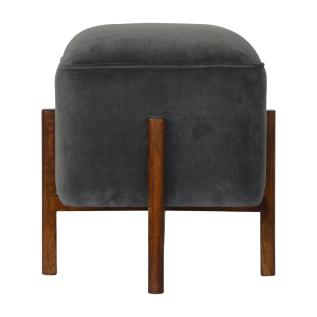 Solid Wood Grey Velvet Footstool - Solid Mango Wood Accent Stool for Living Room - main view showing handcrafted solid...