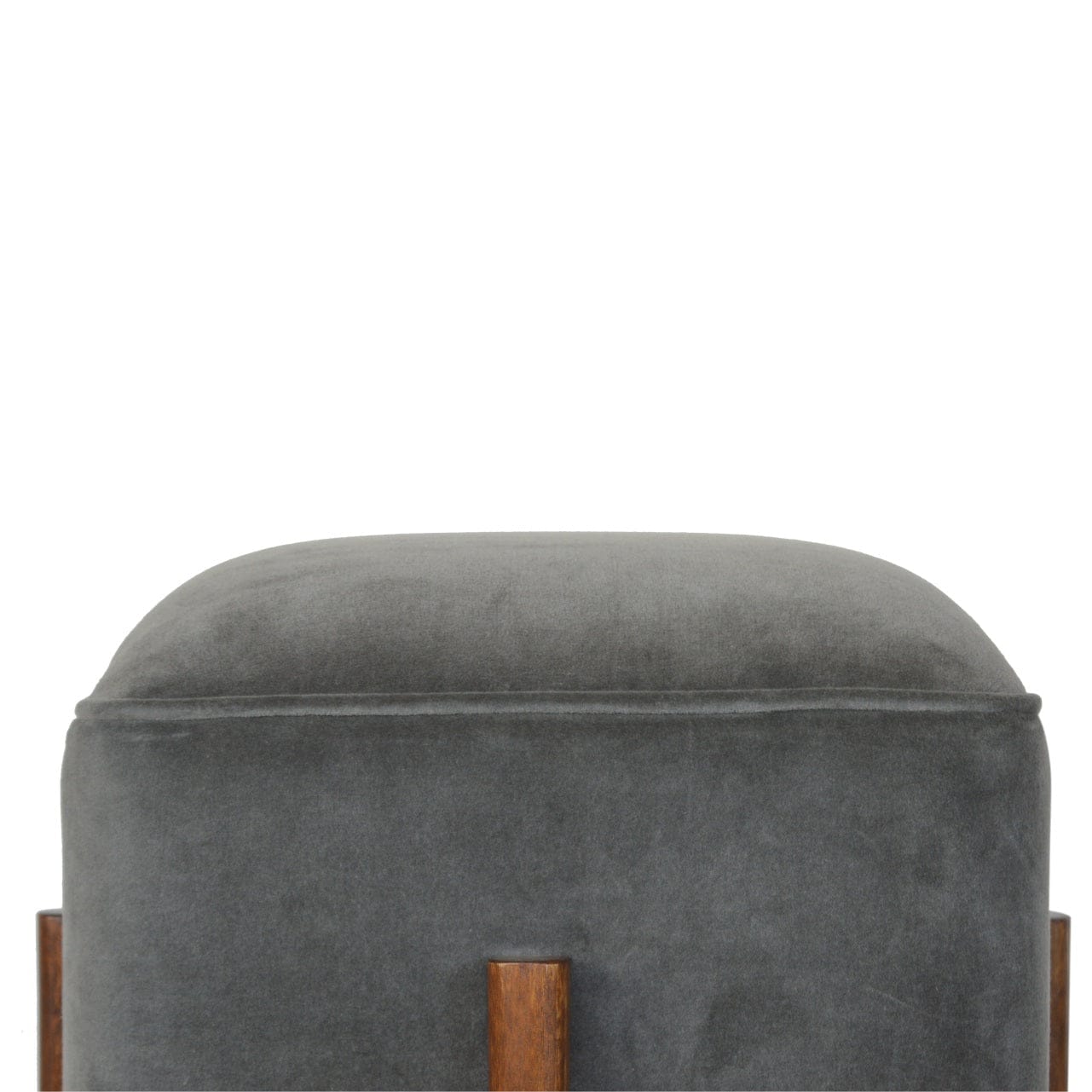 Solid Wood Grey Velvet Footstool - Solid Mango Wood Accent Stool for Living Room - product view 4 showing handcrafted...