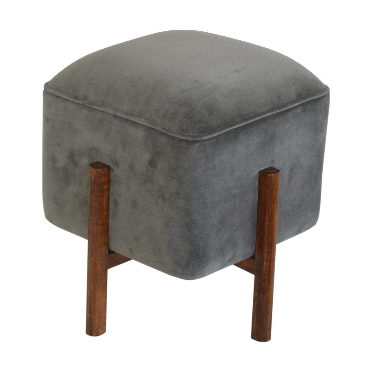 Solid Wood Grey Velvet Footstool - Solid Mango Wood Accent Stool for Living Room - product view 6 showing handcrafted...
