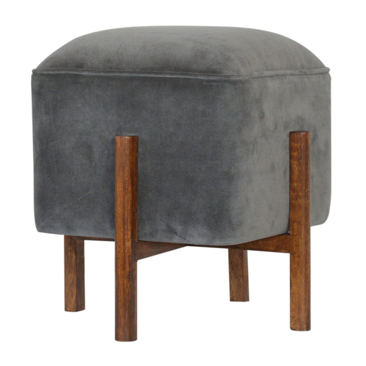 Solid Wood Grey Velvet Footstool - Solid Mango Wood Accent Stool for Living Room - product view 3 showing handcrafted...