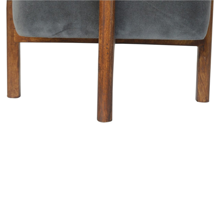 Solid Wood Grey Velvet Footstool - Solid Mango Wood Accent Stool for Living Room - product view 5 showing handcrafted...