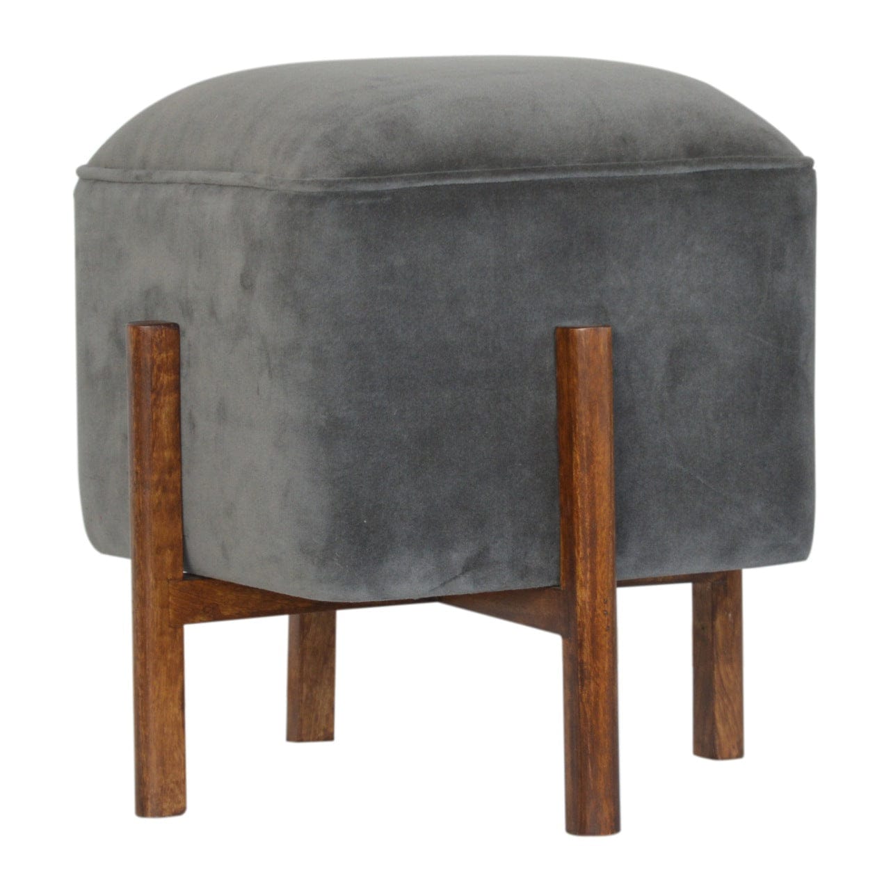 Solid Wood Grey Velvet Footstool - Solid Mango Wood Accent Stool for Living Room - product view 2 showing handcrafted...