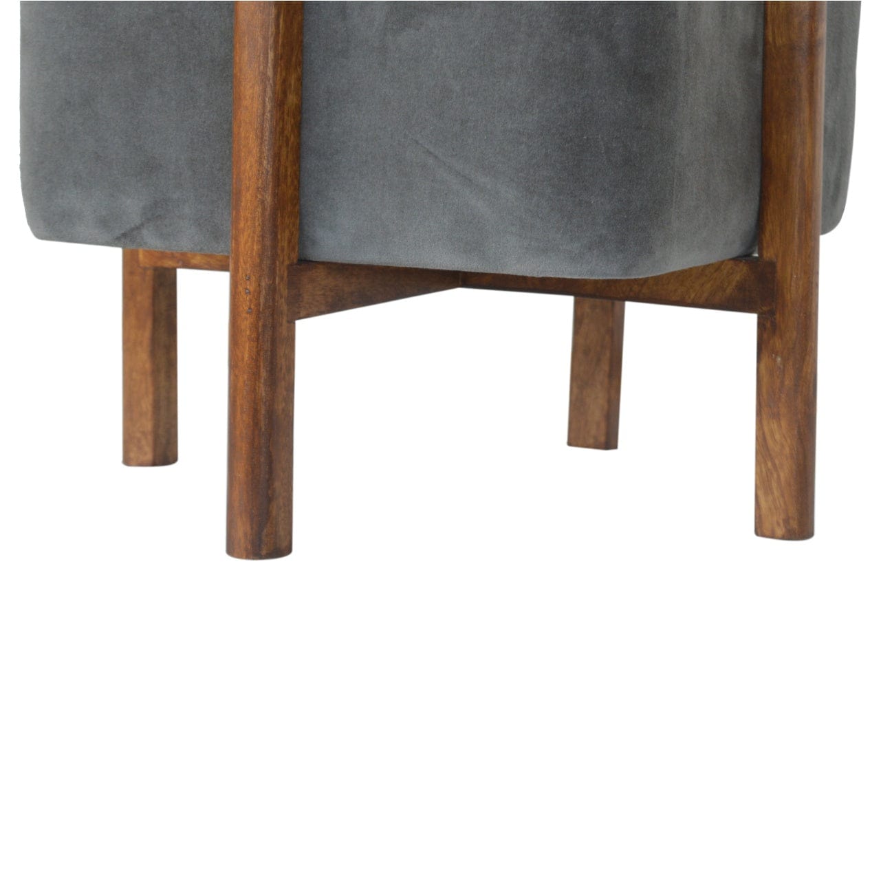 Solid Wood Grey Velvet Footstool - Solid Mango Wood Accent Stool for Living Room - product view 7 showing handcrafted...