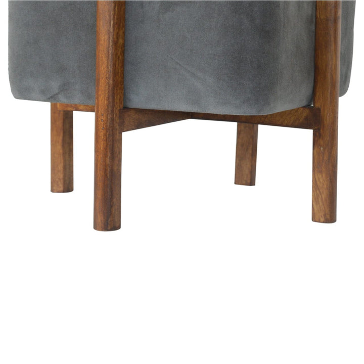 Solid Wood Grey Velvet Footstool - Solid Mango Wood Accent Stool for Living Room - product view 7 showing handcrafted...