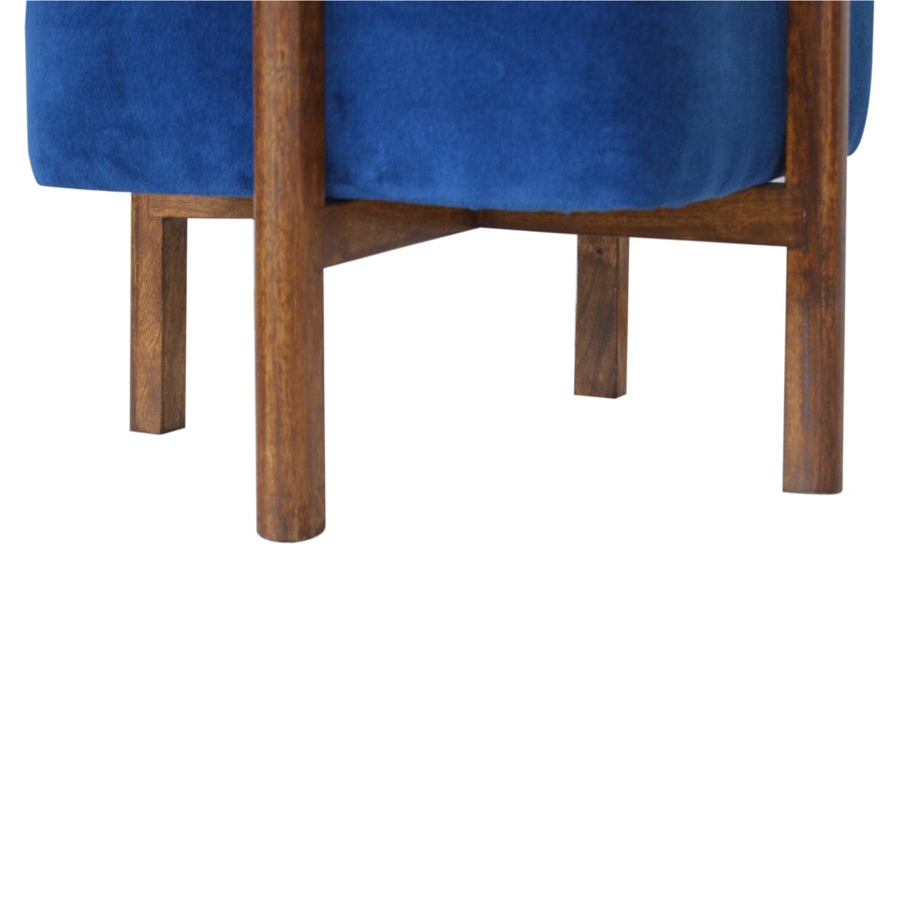 Solid Wood Royal Blue Velvet Stool - Solid Mango Wood Accent Seating - product view 6 showing handcrafted solid mango...
