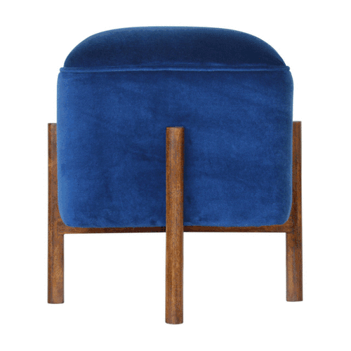 Solid Wood Royal Blue Velvet Stool - Solid Mango Wood Accent Seating - product view 7 showing handcrafted solid mango...