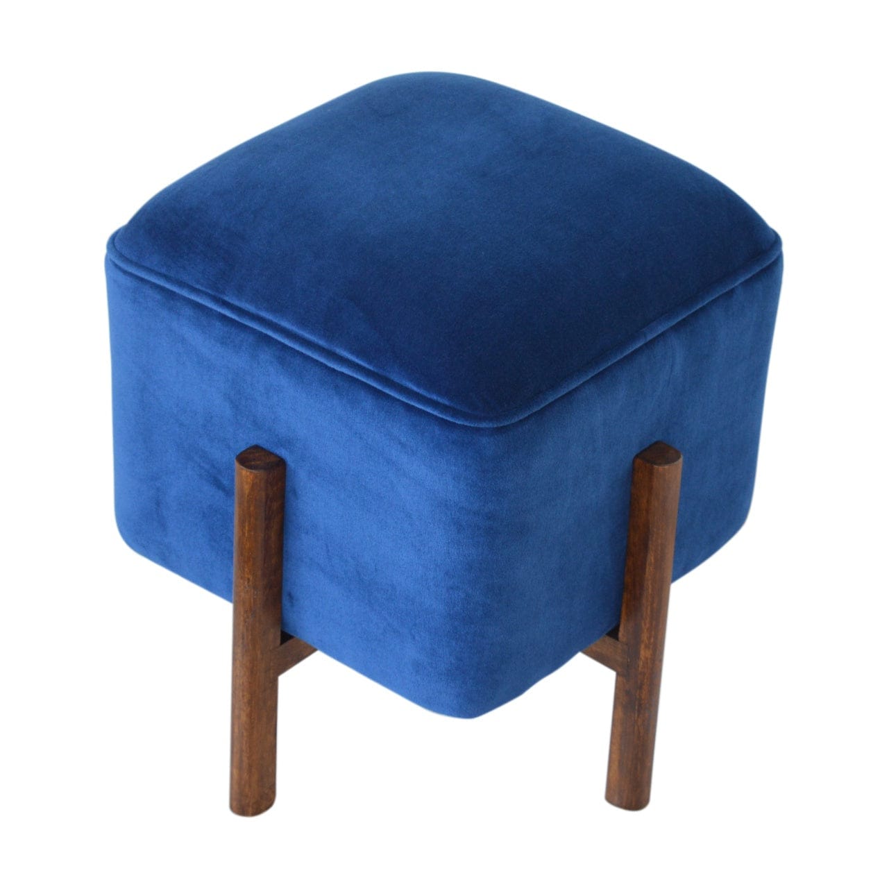 Solid Wood Royal Blue Velvet Stool - Solid Mango Wood Accent Seating - product view 3 showing handcrafted solid mango...