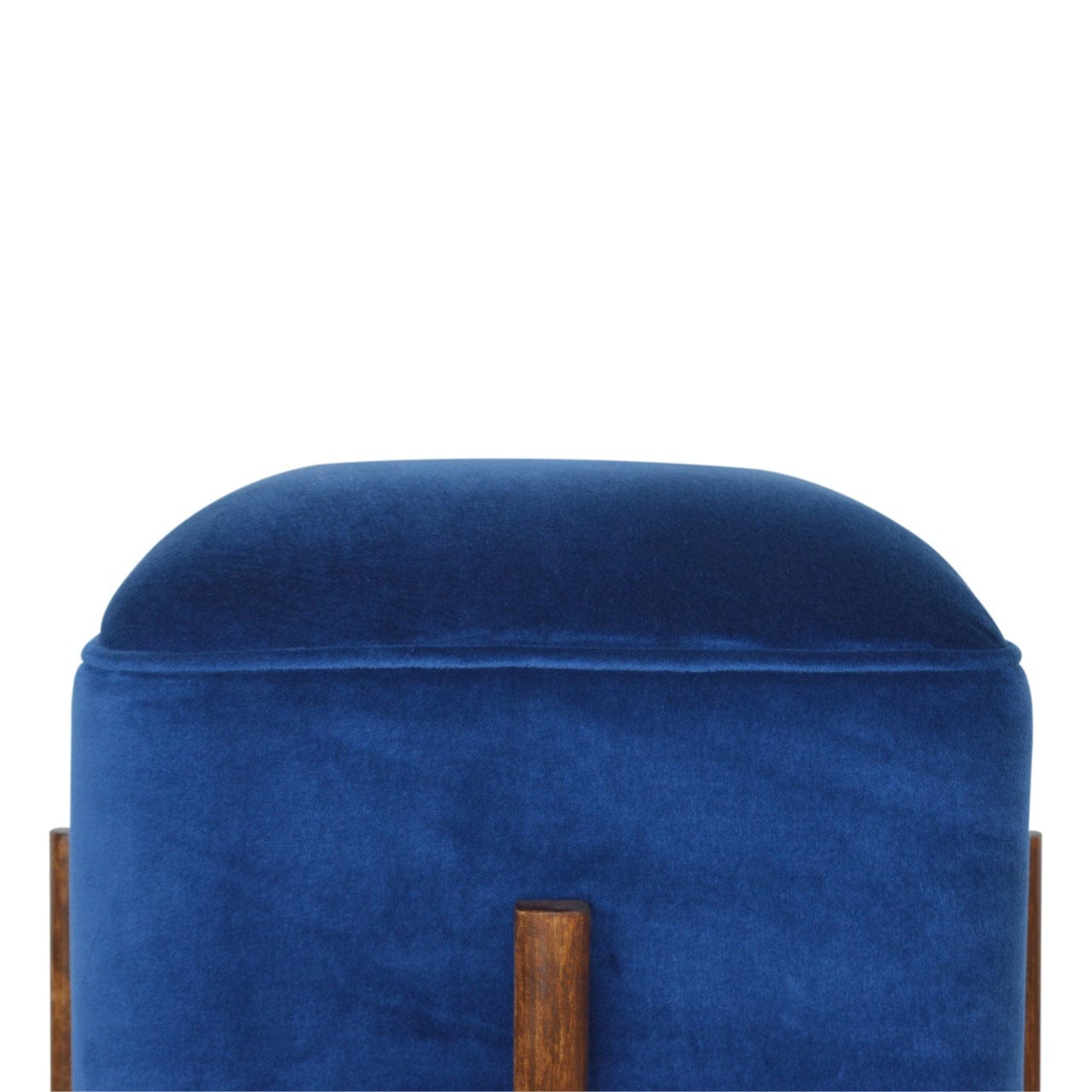 Solid Wood Royal Blue Velvet Stool - Solid Mango Wood Accent Seating - product view 4 showing handcrafted solid mango...