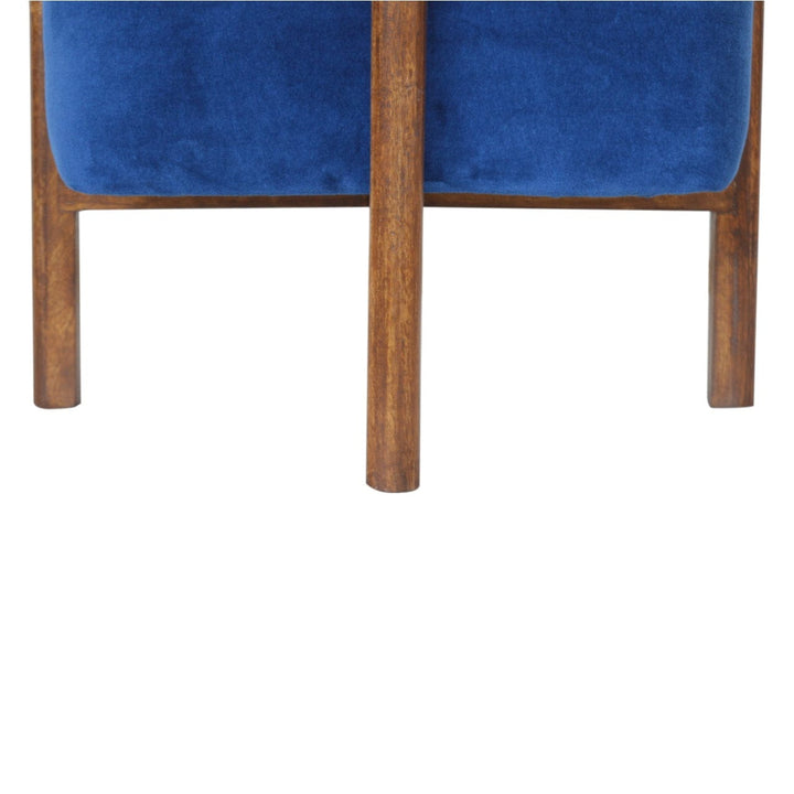 Solid Wood Royal Blue Velvet Stool - Solid Mango Wood Accent Seating - product view 5 showing handcrafted solid mango...