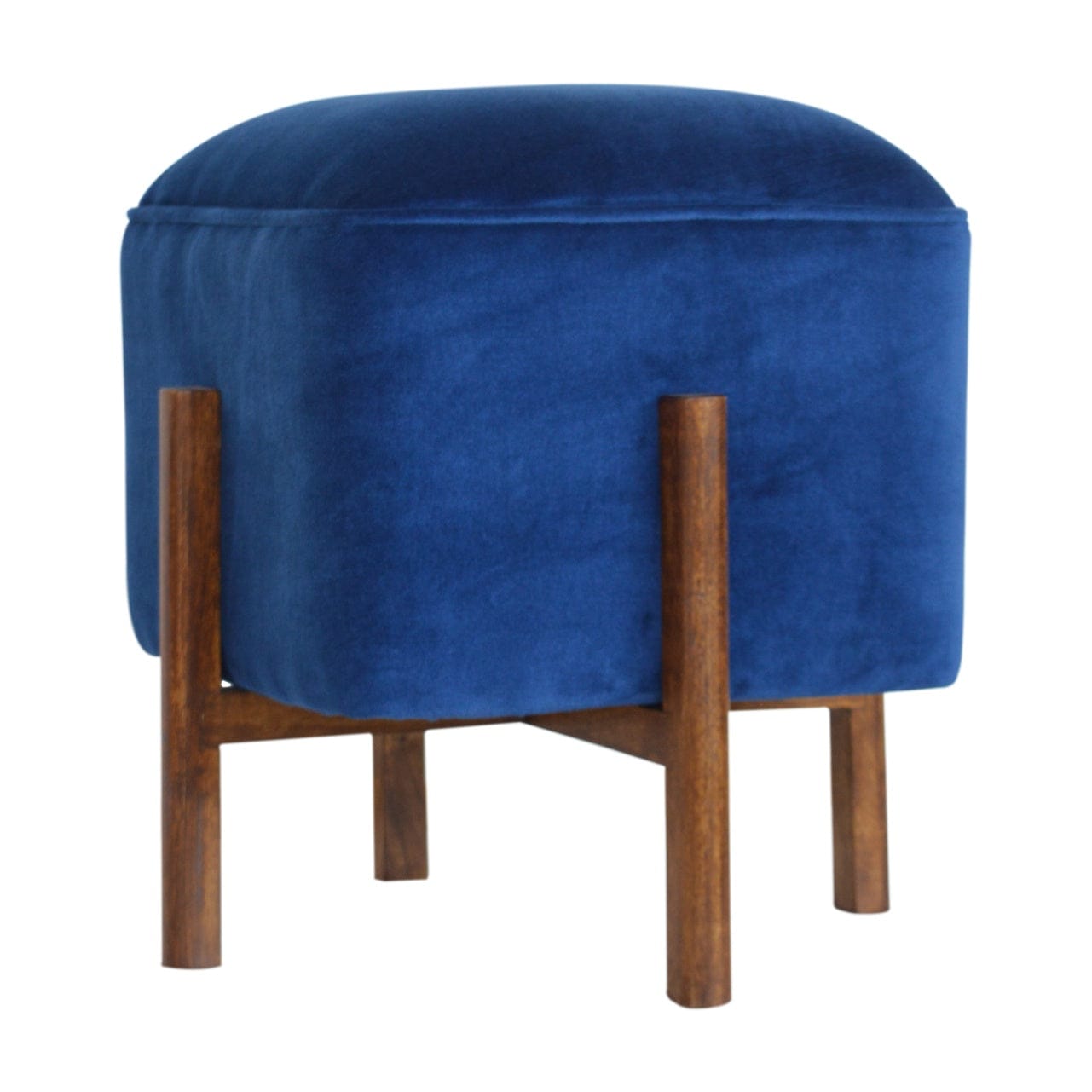 Solid Wood Royal Blue Velvet Stool - Solid Mango Wood Accent Seating - product view 2 showing handcrafted solid mango...