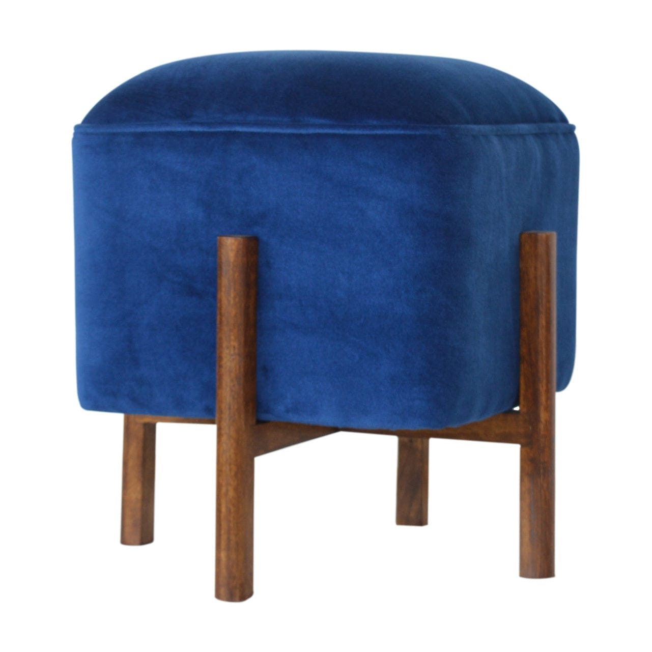 Solid Wood Royal Blue Velvet Stool - Solid Mango Wood Accent Seating - main view showing handcrafted solid mango wood stool
