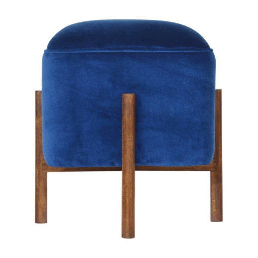 Solid Wood Royal Blue Velvet Stool - Solid Mango Wood Accent Seating - product view 8 showing handcrafted solid mango...