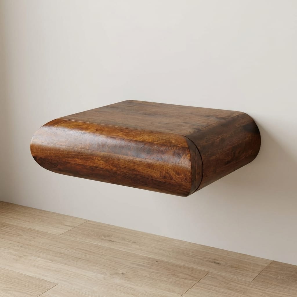 Solis Chestnut Floating Bedside Table - Solid Mango Wood Wall-Mounted Nightstand - main view showing handcrafted solid...