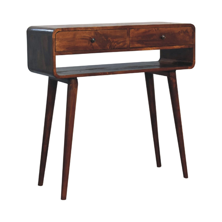 Sonata Chestnut Console Table - Solid Mango Wood Hallway Console for Entryway - product view 2 showing handcrafted solid...