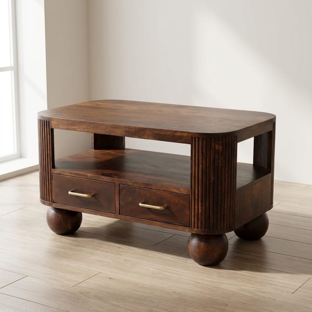 Sphere Leg Coffee Table - Solid Mango Wood Center Table for Living Room - main view showing handcrafted solid mango wood...