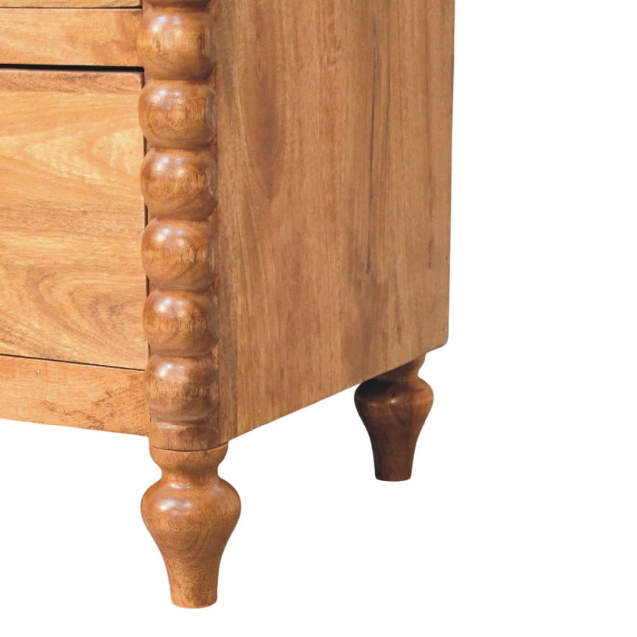 Spindle 3 Drawer Chest in Amber Oak Finish - Solid Mango Wood Chest of Drawers - product view 7 showing handcrafted solid...