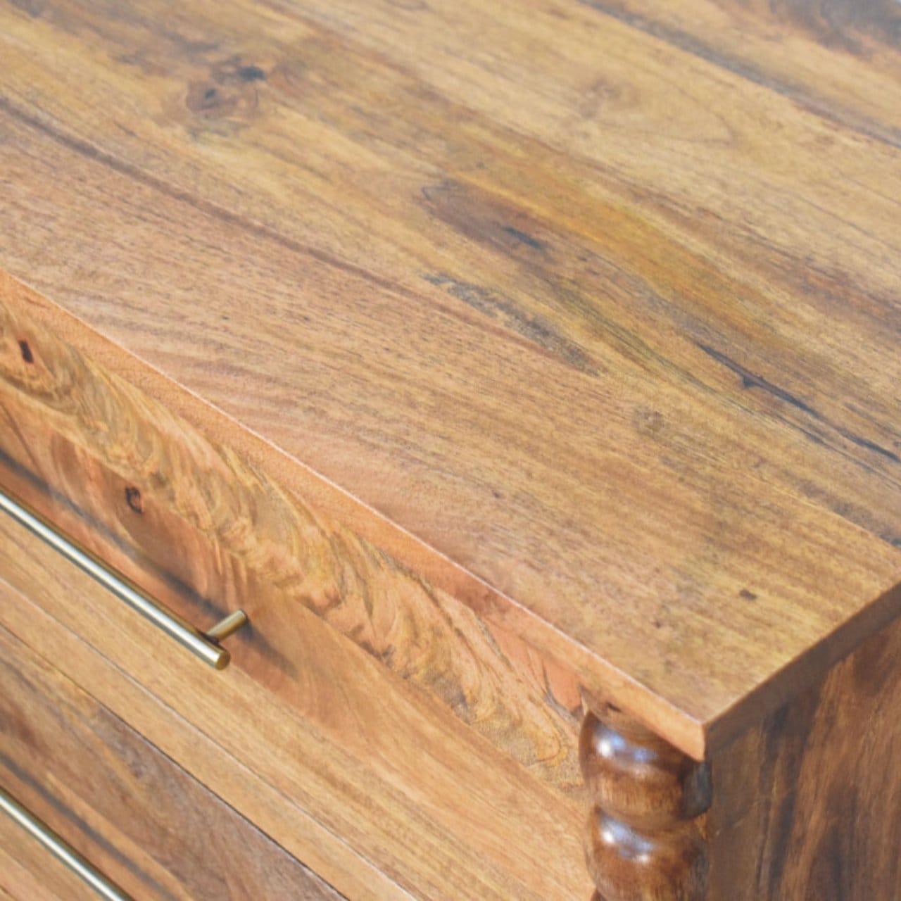 Spindle 3 Drawer Chest in Amber Oak Finish - Solid Mango Wood Chest of Drawers - product view 5 showing handcrafted solid...