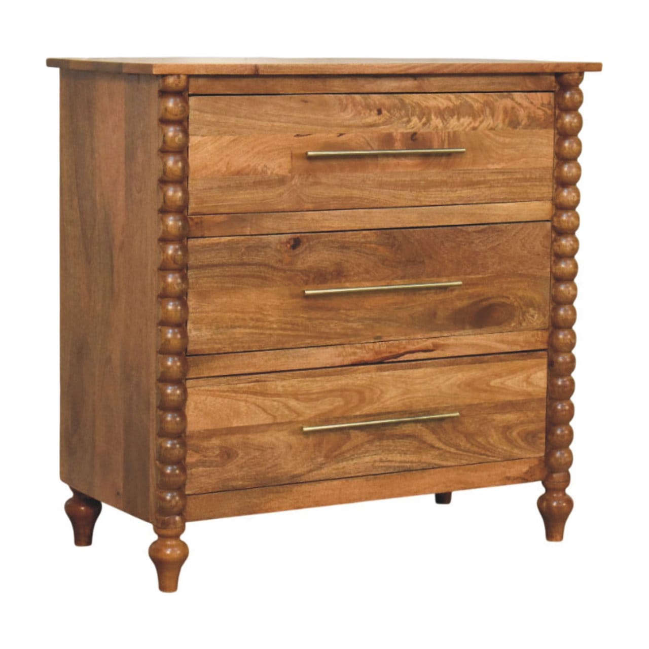 Spindle 3 Drawer Chest in Amber Oak Finish - Solid Mango Wood Chest of Drawers - product view 3 showing handcrafted solid...