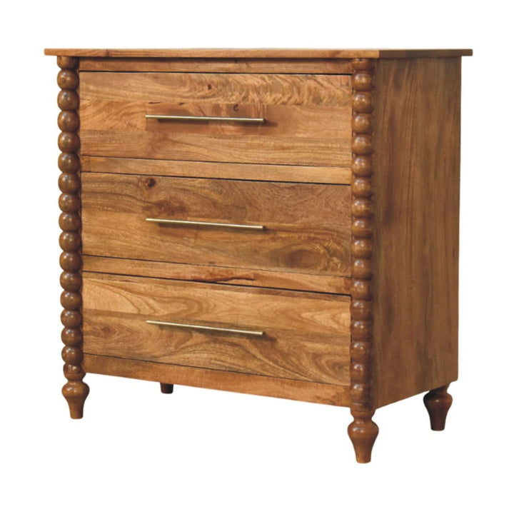 Spindle 3 Drawer Chest in Amber Oak Finish - Solid Mango Wood Chest of Drawers - product view 2 showing handcrafted solid...