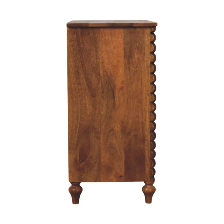 Spindle 3 Drawer Chest in Amber Oak Finish - Solid Mango Wood Chest of Drawers - product view 8 showing handcrafted solid...