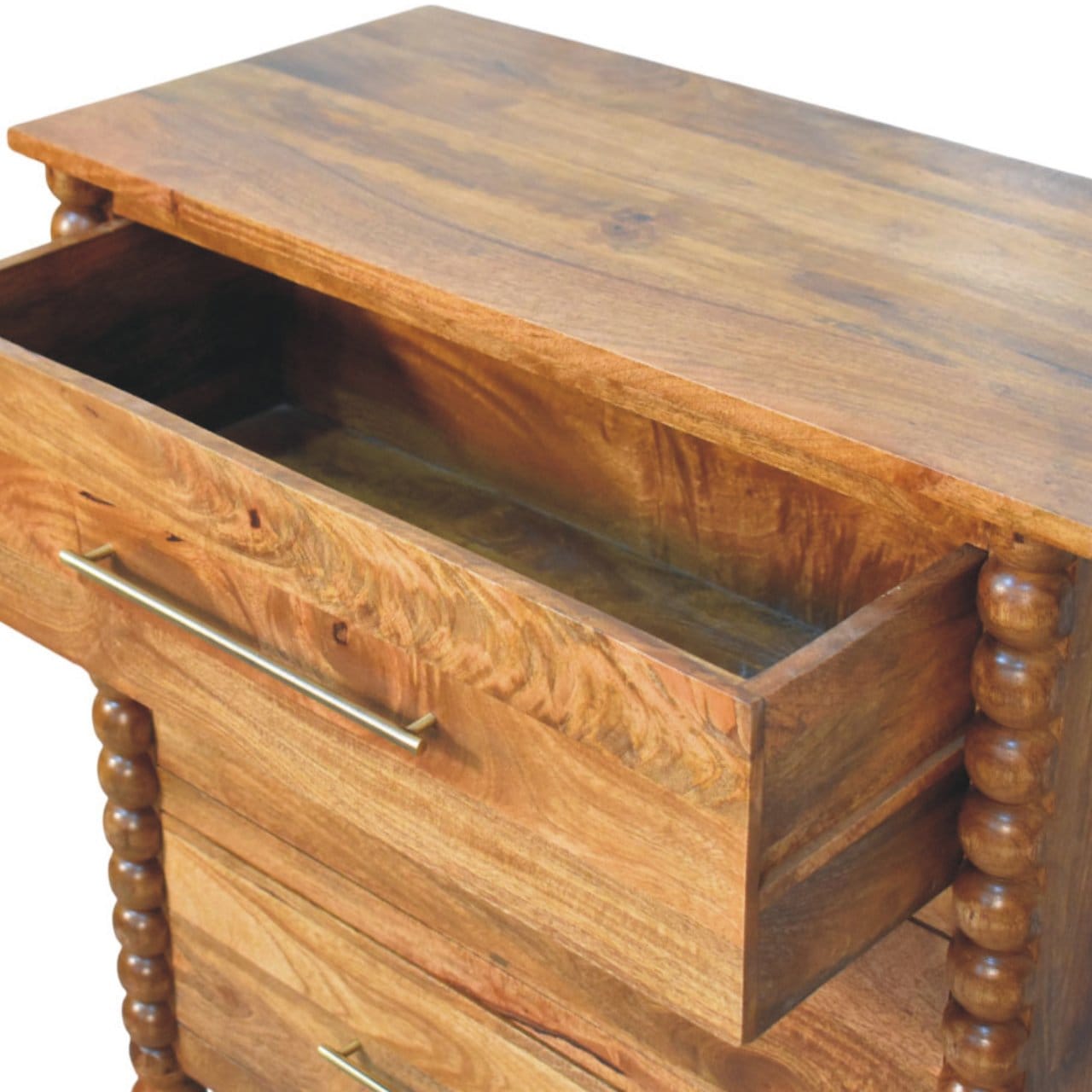 Spindle 3 Drawer Chest in Amber Oak Finish - Solid Mango Wood Chest of Drawers - product view 6 showing handcrafted solid...