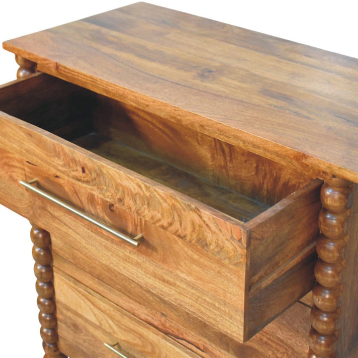Spindle 3 Drawer Chest in Amber Oak Finish - Solid Mango Wood Chest of Drawers - product view 6 showing handcrafted solid...