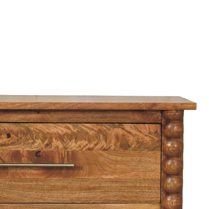 Spindle 3 Drawer Chest in Amber Oak Finish - Solid Mango Wood Chest of Drawers - product view 4 showing handcrafted solid...