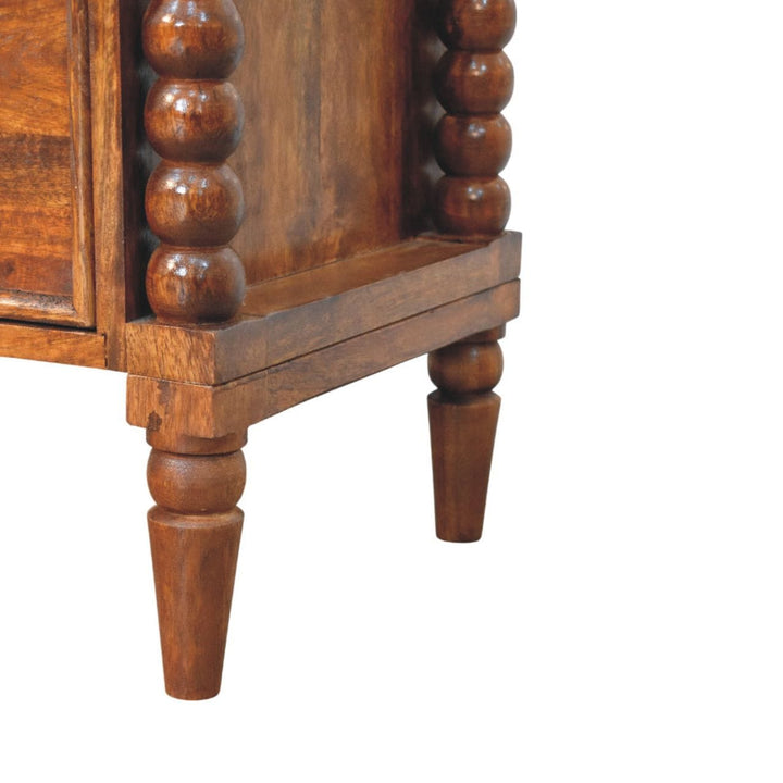 Spindle Beaded Chestnut Bedside Table - Solid Mango Wood Nightstand with Drawers - product view 7 showing handcrafted...