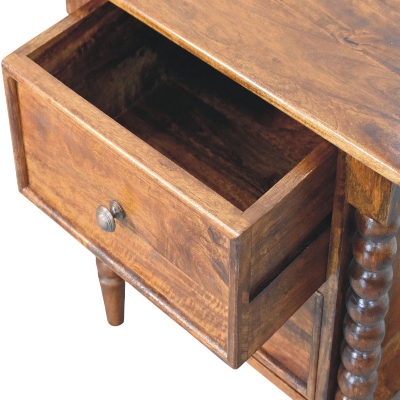 Spindle Beaded Chestnut Bedside Table - Solid Mango Wood Nightstand with Drawers - product view 6 showing handcrafted...