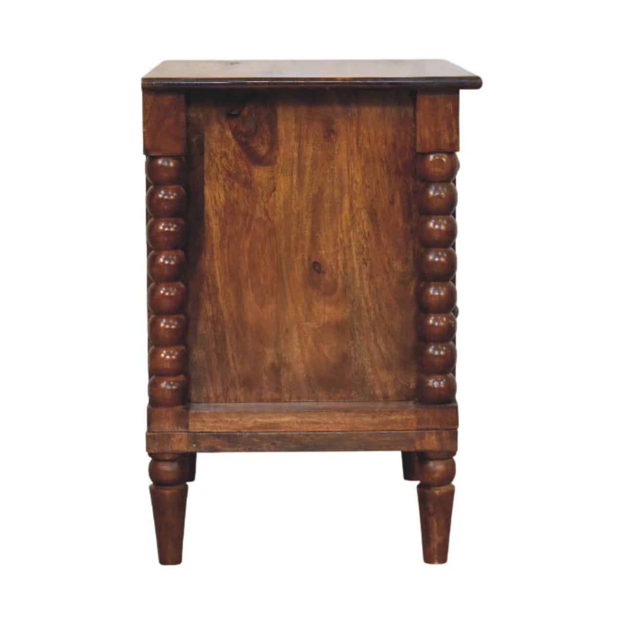 Spindle Beaded Chestnut Bedside Table - Solid Mango Wood Nightstand with Drawers - product view 8 showing handcrafted...
