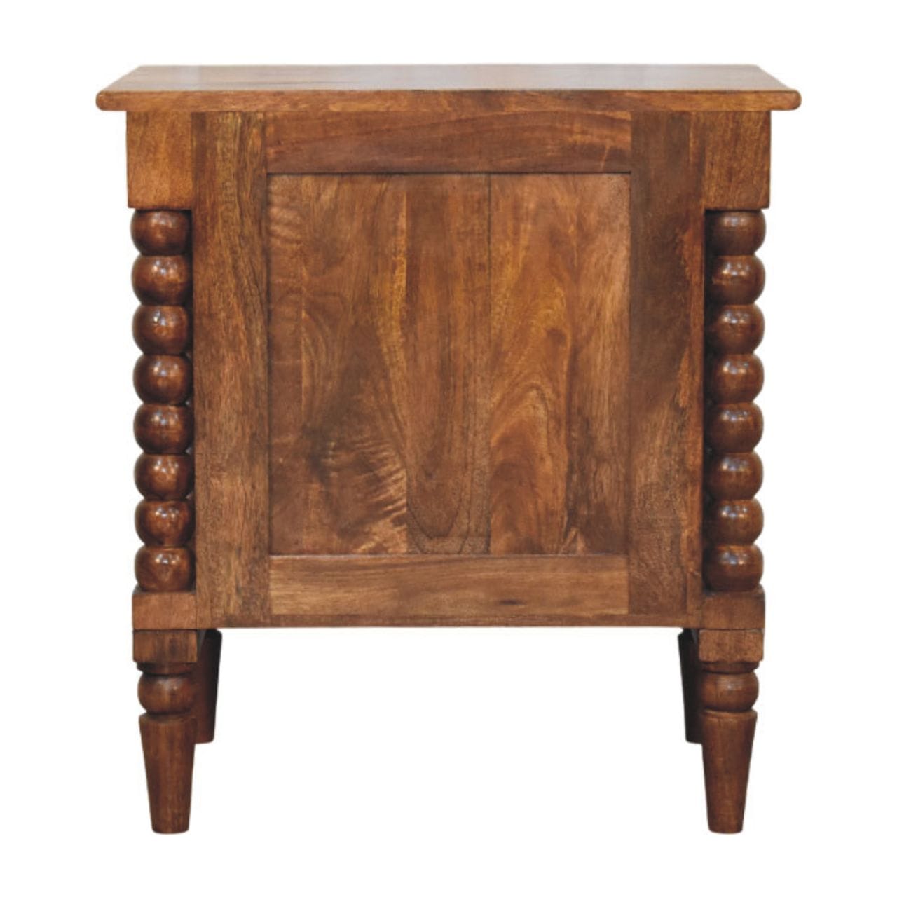 Spindle Beaded Chestnut Bedside Table - Solid Mango Wood Nightstand with Drawers - product view 9 showing handcrafted...