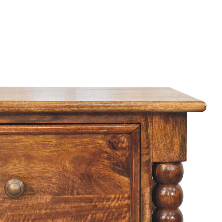 Spindle Beaded Chestnut Bedside Table - Solid Mango Wood Nightstand with Drawers - product view 4 showing handcrafted...